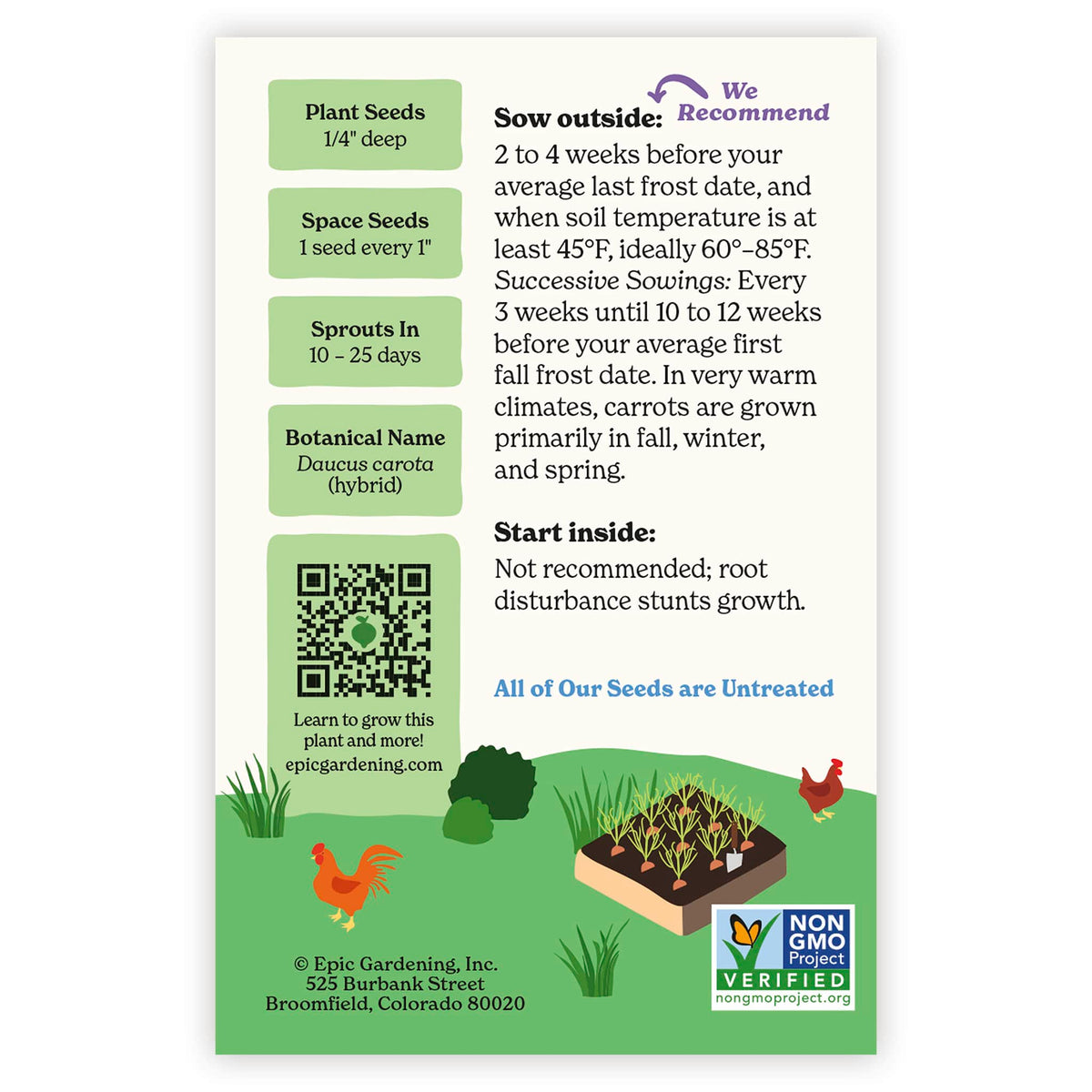 Back of an Epic Gardening Mokum Carrot seed packet showing planting instructions, sowing guidelines, a QR code, and a garden bed illustration on a plain white background.