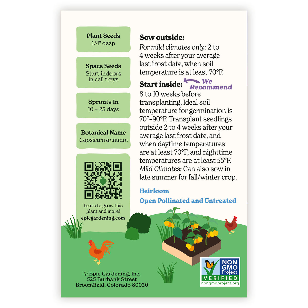 Sunbright Sweet Pepper seed packet with gardening instructions and QR code on a white background