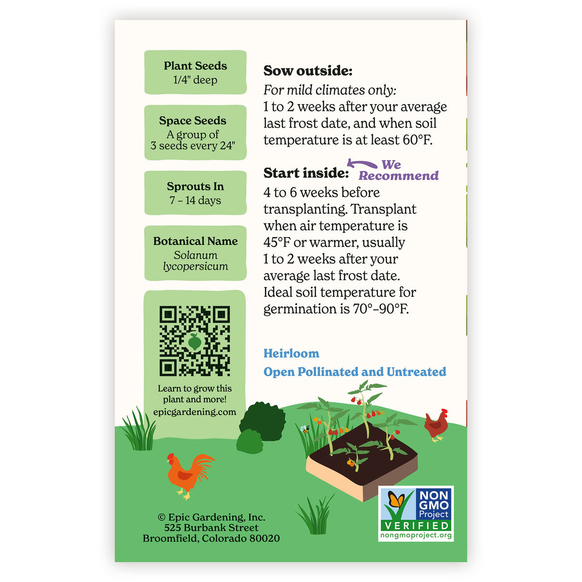 Chocolate Pear Pole Cherry Tomato seed packet with growing instructions and QR code on a white background