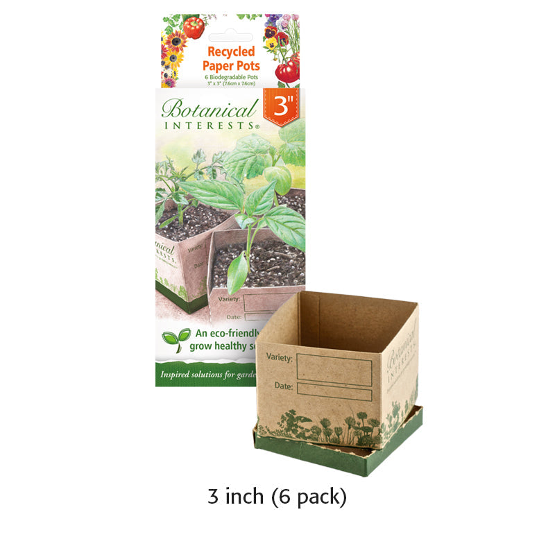 Square 3-inch brown recycled paper seedling pot next to Botanical Interests packaging labeled 3-inch 6 pack