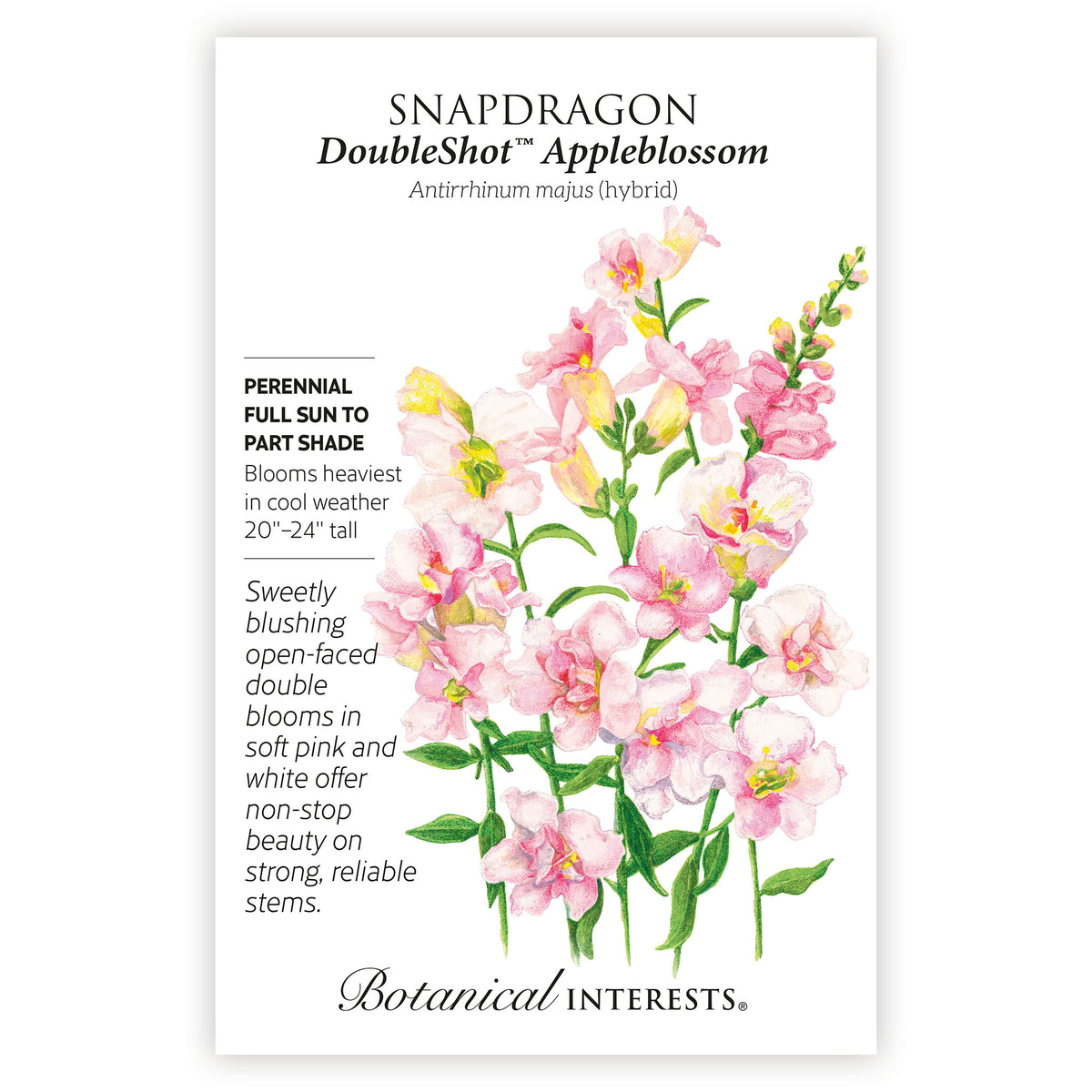 Seed packet for Snapdragon DoubleShot Appleblossom with floral illustration and botanical information.