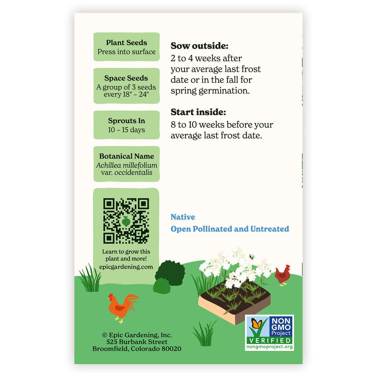 Seed packet with growing instructions and QR code on a white background