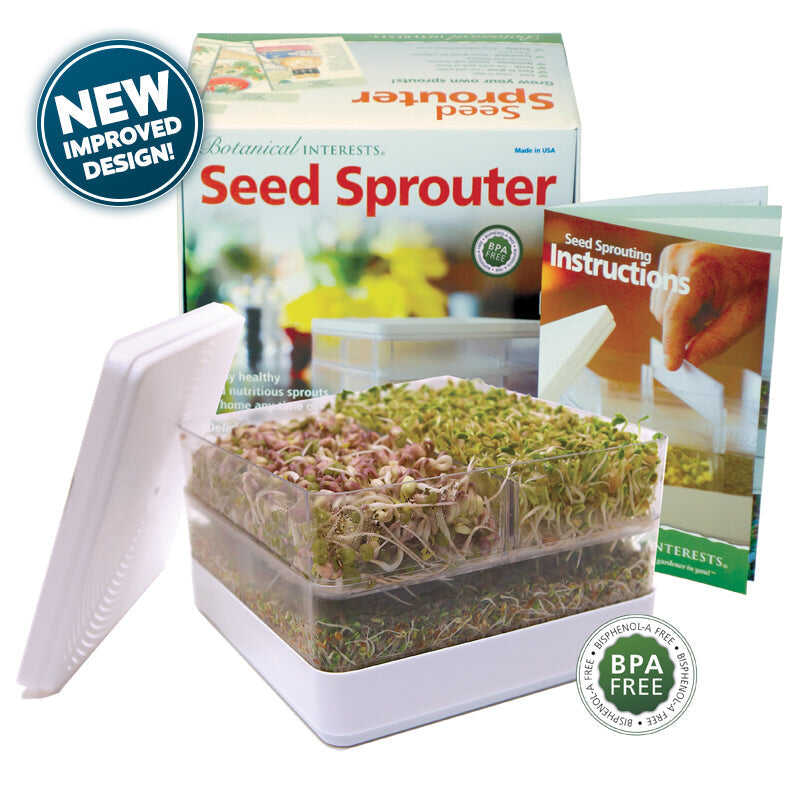 Botanical Interests Seed Sprouter product packaging and instructions shown next to a clear plastic seed sprouter filled with green sprouts