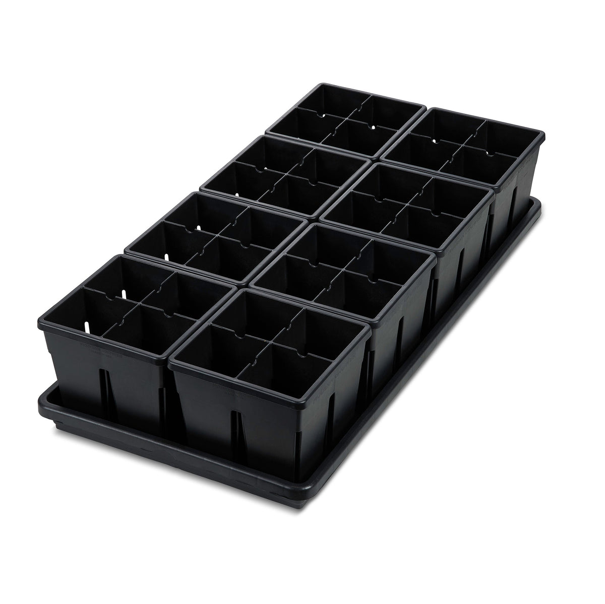 Ten empty black square plastic pots arranged in two rows on a matching black 1020 bottom tray, shown against a plain white background.