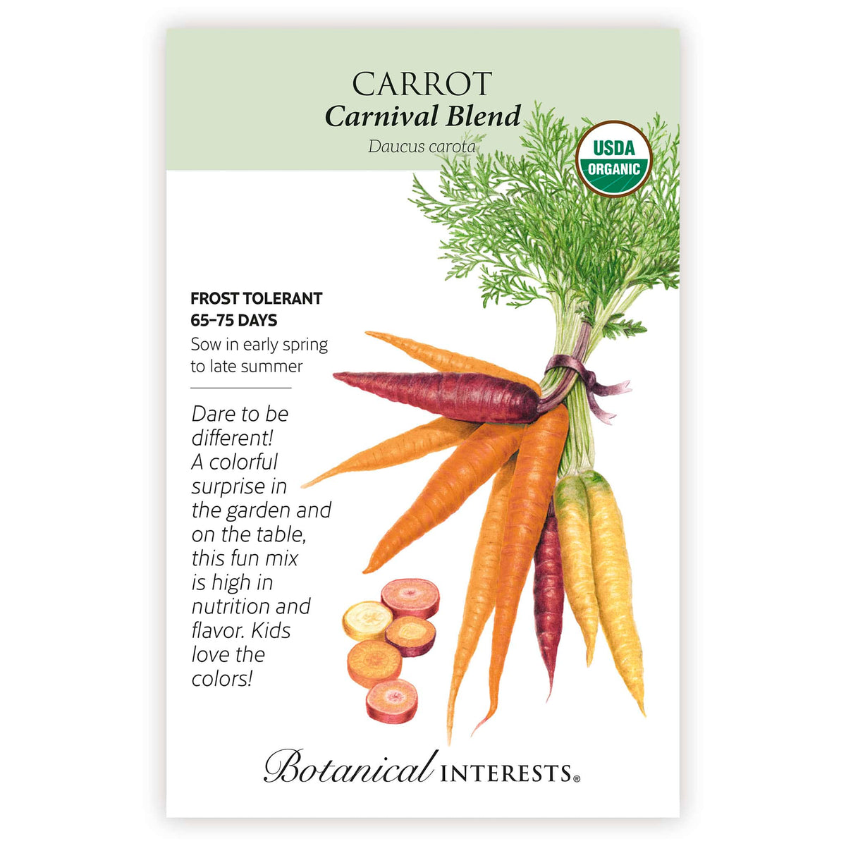 Seed packet for Botanical Interests Carrot Carnival Blend with carrots and botanical information on a white background