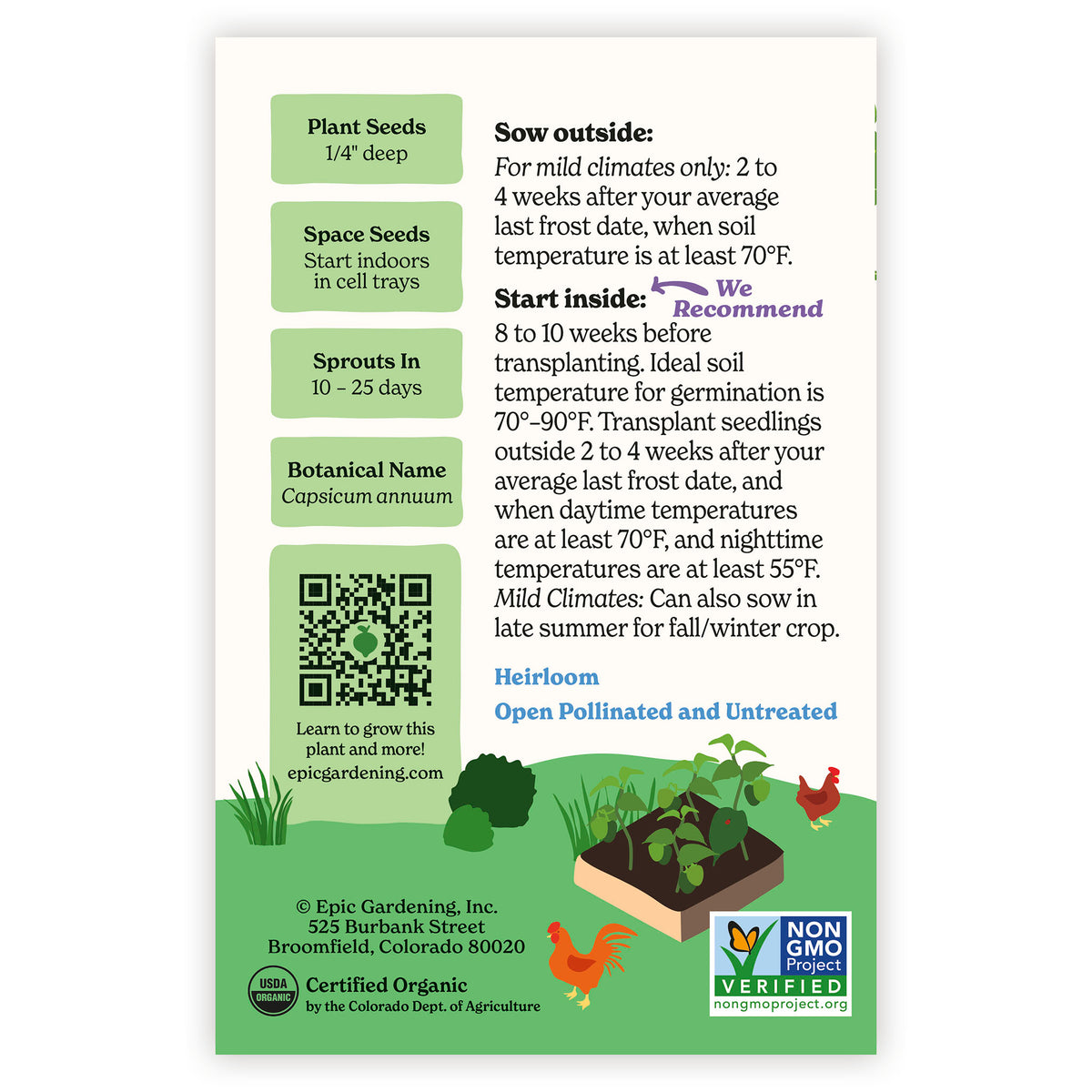 Emerald Giant Sweet Pepper seed packet with gardening instructions and plant information on a white background
