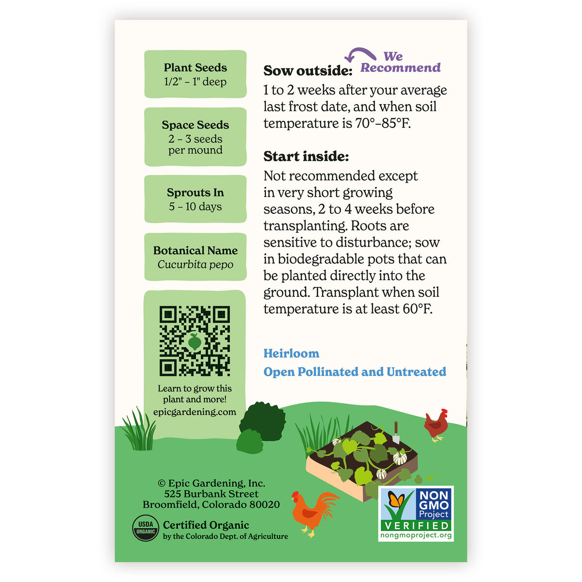 Sweet Dumpling Winter Squash seed packet with growing instructions and branding on a white background