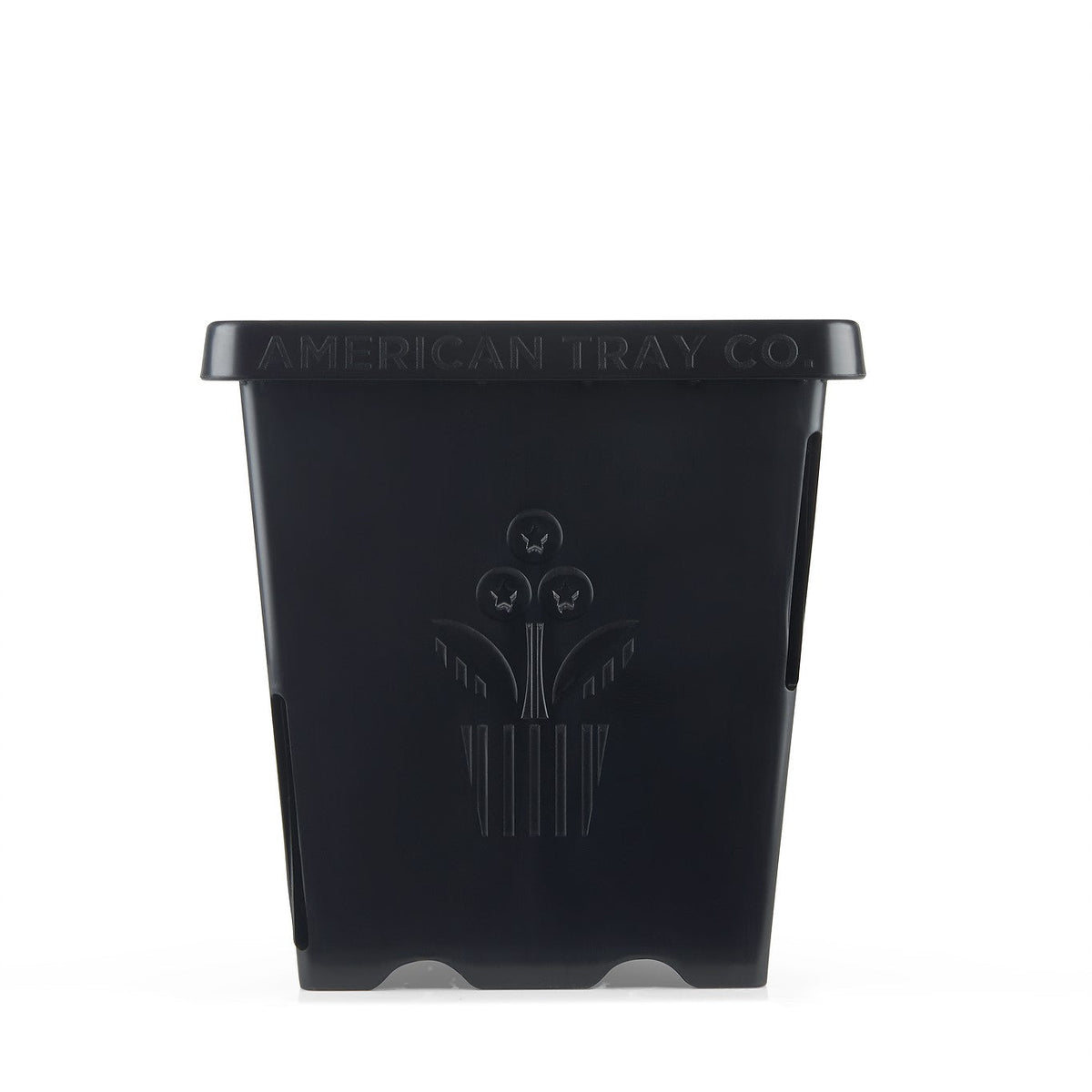 Front view of a black plastic Epic 5” Cube Pot featuring the embossed American Tray Co. logo and a stylized plant graphic