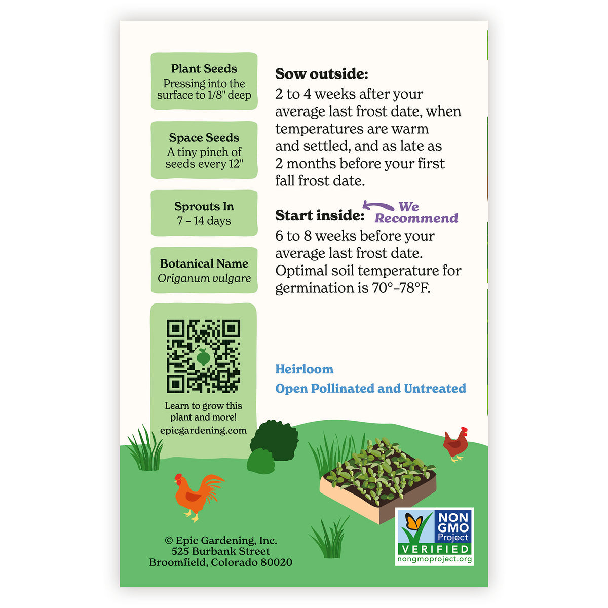 Greek Oregano seed packet with gardening instructions and QR code on a white background