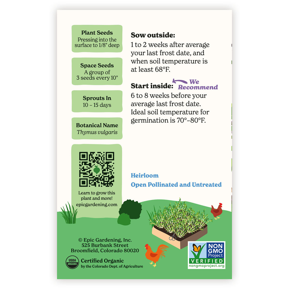 Seed packet of English Thyme with gardening instructions and plant information on a white background