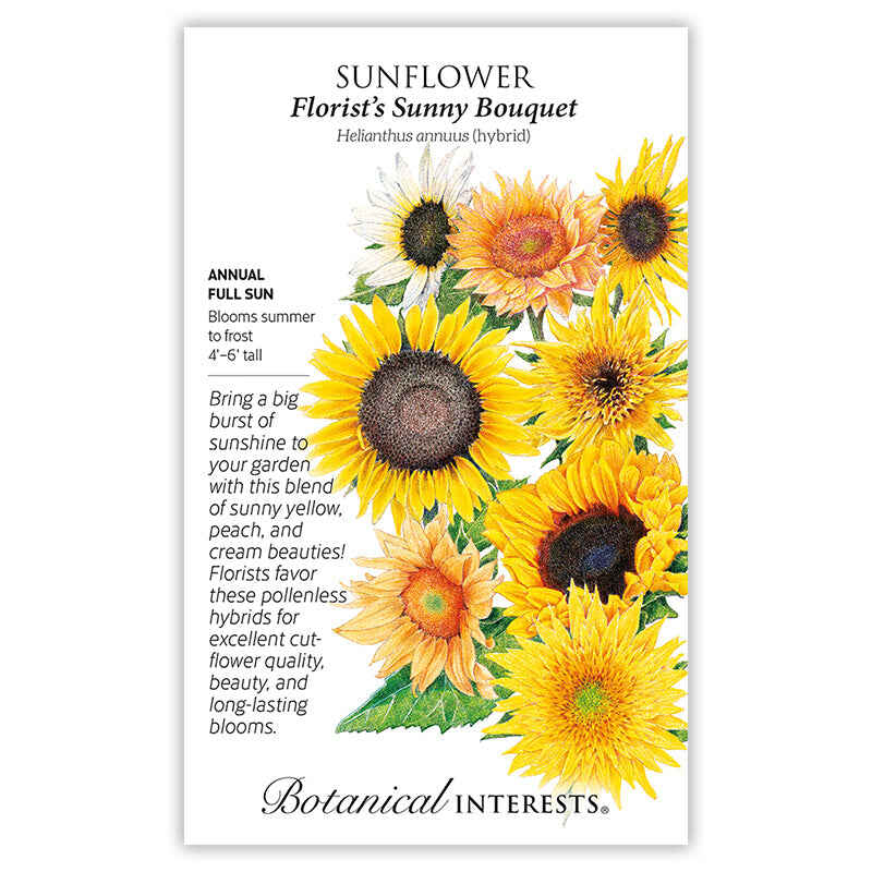 Botanical Interests seed packet for Florist's Sunny Bouquet Sunflower, illustrated with a mix of single and double blooms in yellow, peach, and cream with dark centers, alongside text noting it's an annual, full sun, blooming summer to frost, growing 4-6 feet tall, and prized by florists as a pollenless cut flower.