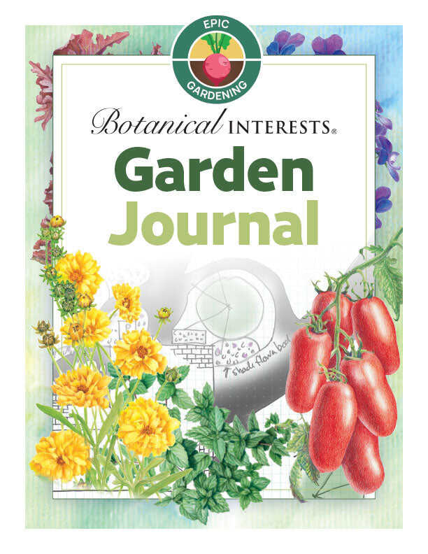 Botanical Interests Garden Journal cover featuring colorful floral illustrations, tomatoes, and garden layout diagrams