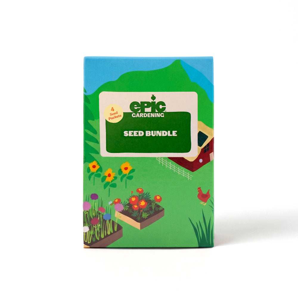 Epic Gardening seed bundle packaging with garden illustration on a white background