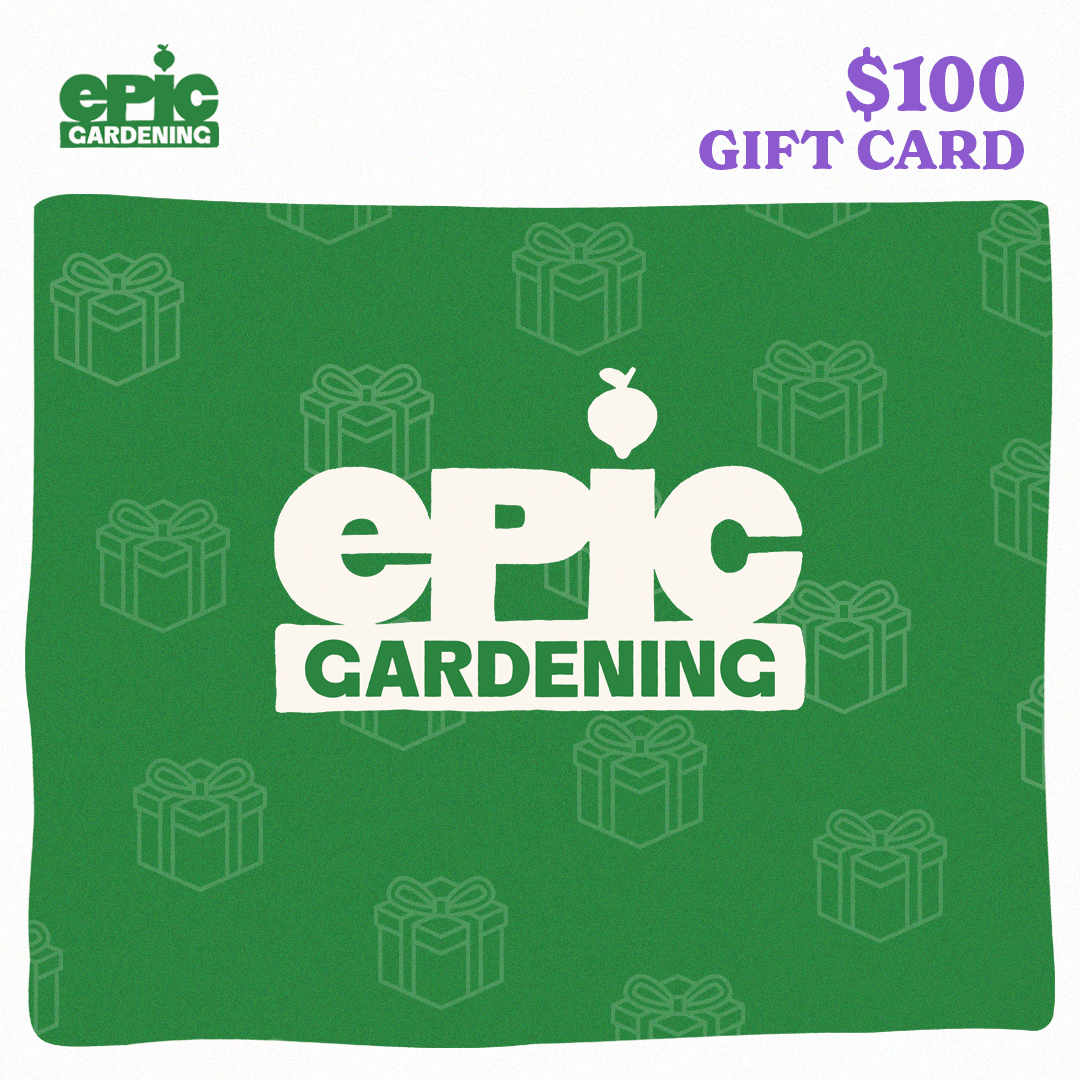 Green Epic Gardening $100 gift card graphic with a repeating wrapped-present pattern and the white Epic Gardening logo centered, text noting the $100 value.