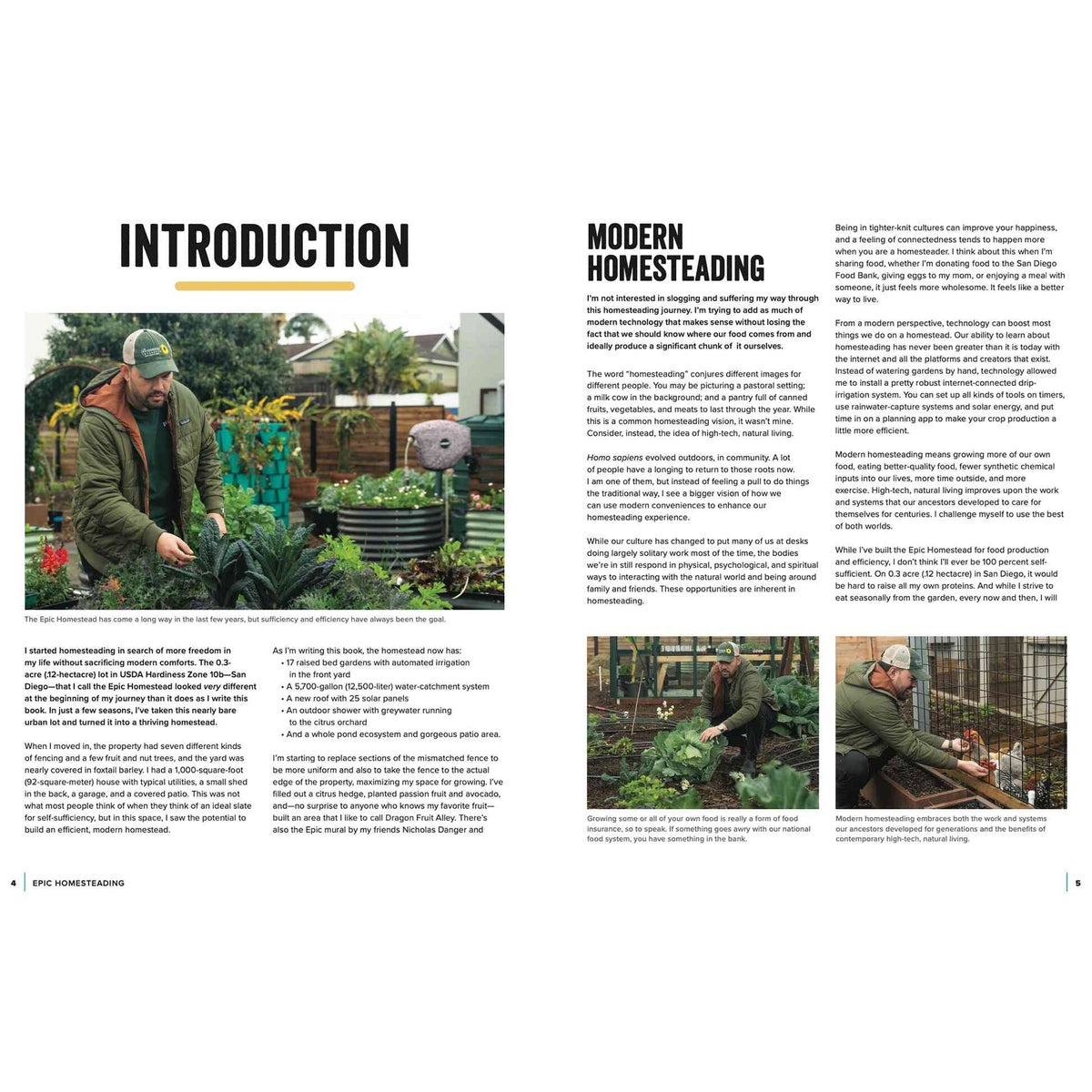 Two-page book spread titled "Introduction" and "Modern Homesteading," featuring text about combining technology with traditional food growing, alongside three photos of a man in a cap and green jacket tending raised garden beds filled with lush vegetables and greenery.