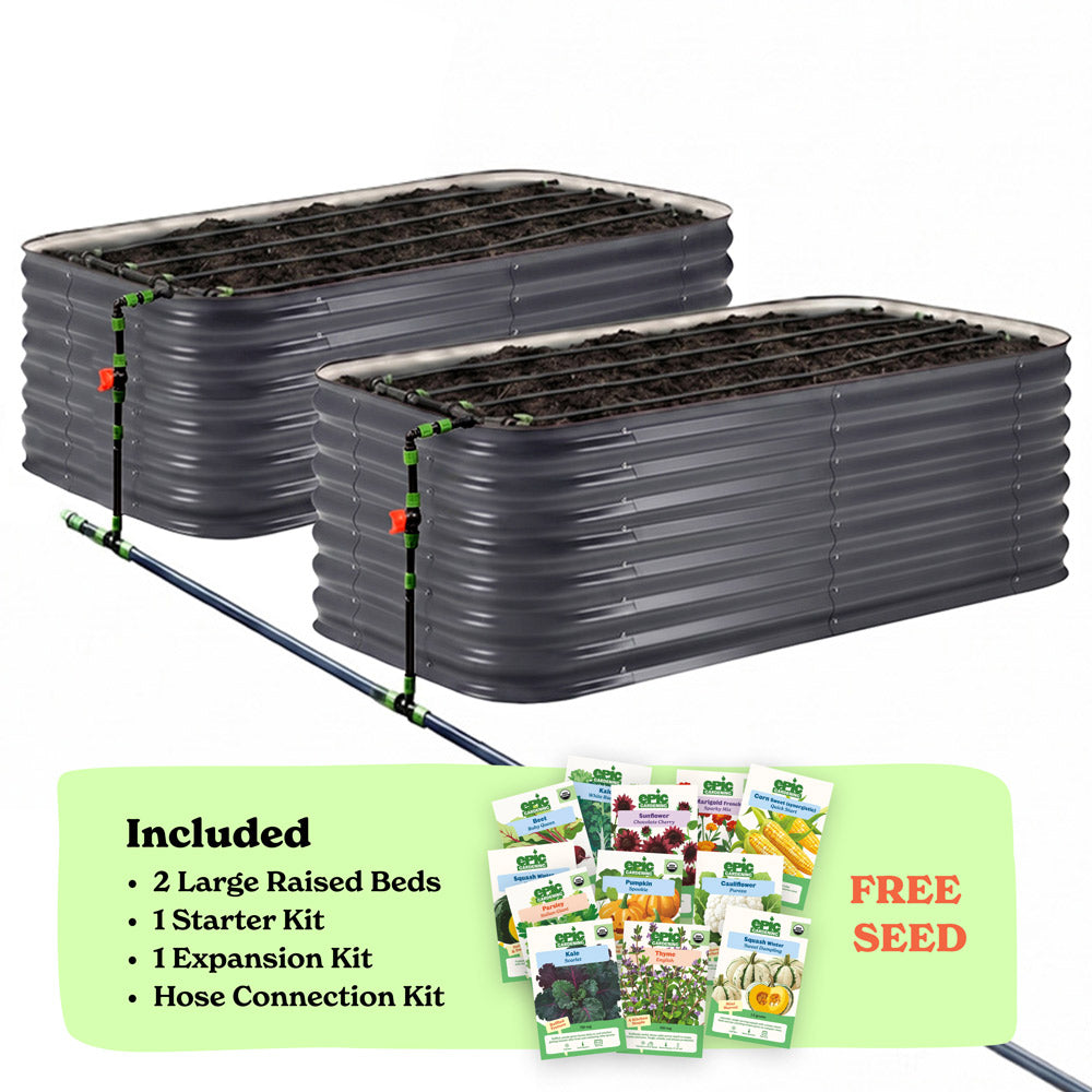 Two slate gray corrugated raised garden beds with soil inside, connected by a black hose of the epic irrigation system on a white background. A light green banner at the bottom lists included items: 2 29-inch tall large raised beds, 1 starter kit, 1 expansion kit, and hose connection kit, with a small seed packet collage and the words 'FREE SEED'.