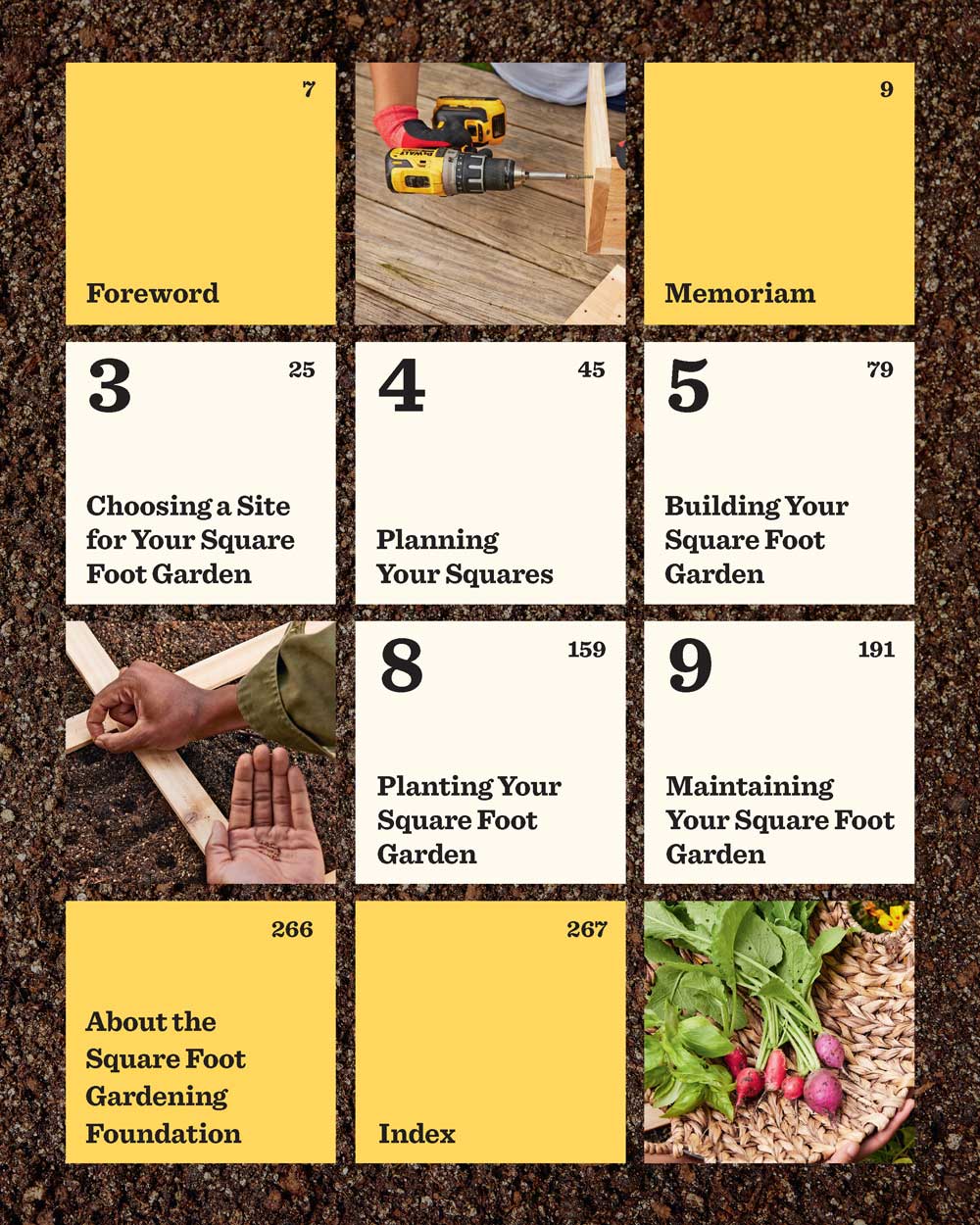 Table of contents grid for the Square Foot Gardening book, listing chapters like Foreword, Choosing a Site, Planning Your Squares, Building, Planting and Maintaining Your Square Foot Garden, with page numbers, interspersed with photos of a drill on wood, hands laying wooden squares over soil, and a harvested basket of radishes and greens.