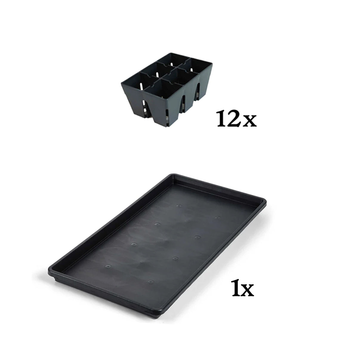 Product breakdown graphic showing a single black plastic 6-cell seed starting tray labeled "12x" above a black universal bottom tray labeled "1x" on a plain white background.