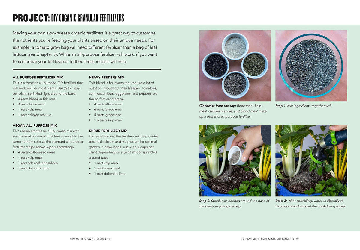 Book page titled "Project: DIY Organic Granular Fertilizers" with recipes for all-purpose, vegan, heavy feeder, and shrub fertilizer mixes, alongside four photos showing bone meal, kelp meal, chicken manure, and blood meal being combined, then sprinkled around bok choy in a grow bag and watered in.
