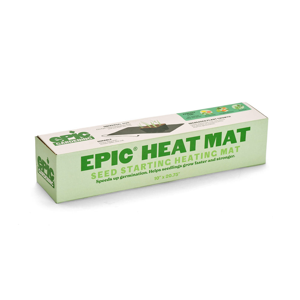 Elongated pale green box for the Epic Seed Starting Heat Mat, 10 by 20.75 inches, with printed text noting it speeds germination and an illustration of seedlings sprouting from a tray on the heating mat.