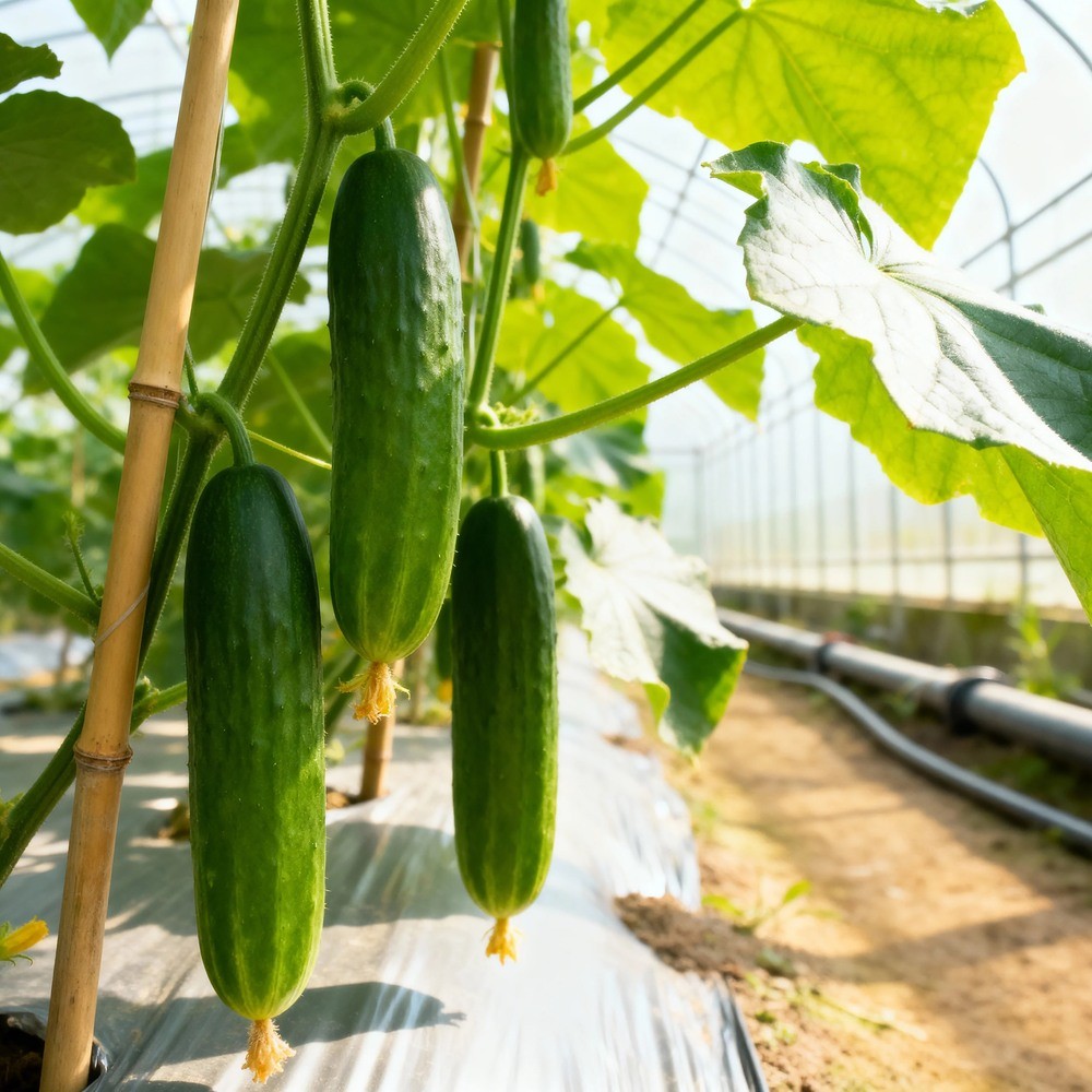 Three young cucumbers with withered yellow flowers still attached hang from a bamboo-staked vine trained over reflective plastic mulch inside a polytunnel, with drip irrigation piping visible along the row.