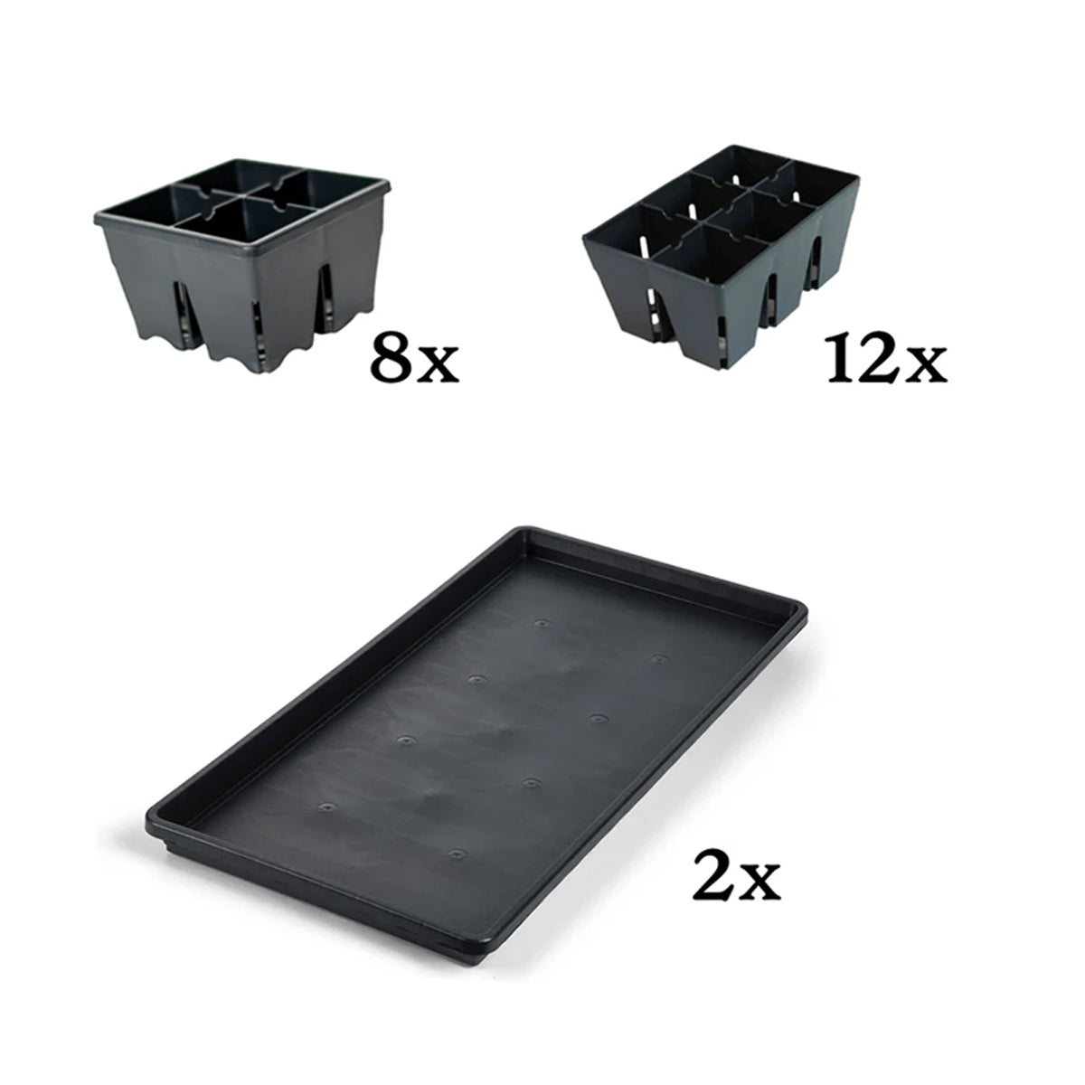 The image shows different sizes of seed starting trays, with quantities indicated for each type: 8x 4-cell trays, 12x 6-cell trays, and 2x universal bottom trays.