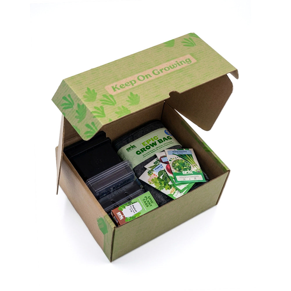 Open cardboard box of the "Salsa Sizzle Epic Garden in a Box" containing a grow bag and seed packets with 'Keep On Growing' text.