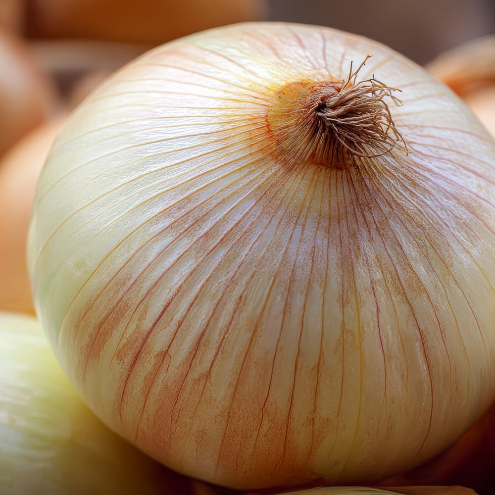 Close-up of a mature Yellow Granex onion showing its papery golden-white skin with fine reddish veining and a dried, wiry root tuft at the top.