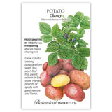 Seed packet for Potato Clancy with illustrations of potatoes and plant leaves, featuring botanical information as well.