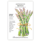 Seed packet for Asparagus Spartacus with illustration of asparagus and botanical information.