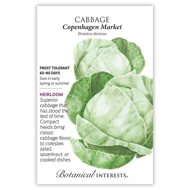 Seed packet for Copenhagen Market Cabbage featuring a botanical illustration of pale green, compact round heads with loose outer leaves, with printed text noting it's frost tolerant, matures in 65-80 days, and is an heirloom variety good for coleslaw, salad, sauerkraut, or cooking.