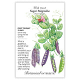 Seed packet for Pea Snap Sugar Magnolia with botanical illustration and botanical information.