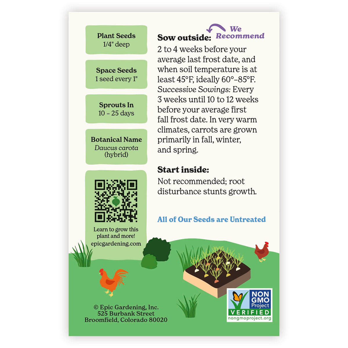 Back of an Epic Gardening Carrot Nantes/Imperator Rainbow seed packet showing planting instructions, sowing guidelines, a QR code, and a garden bed illustration on a plain white background.