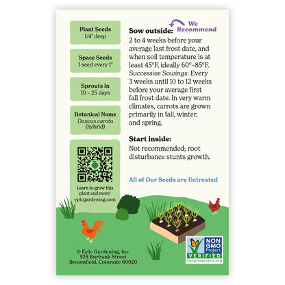 Back of an Epic Gardening Carrot Nantes/Imperator Rainbow seed packet showing planting instructions, sowing guidelines, a QR code, and a garden bed illustration on a plain white background.