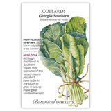 Seed packet for Georgia Southern Collards featuring a watercolor illustration of a bundled bunch of broad, ruffled green leaves tied with twine, with text noting it is a frost-tolerant heirloom variety maturing in 50-80 days, sown in early spring or late summer.