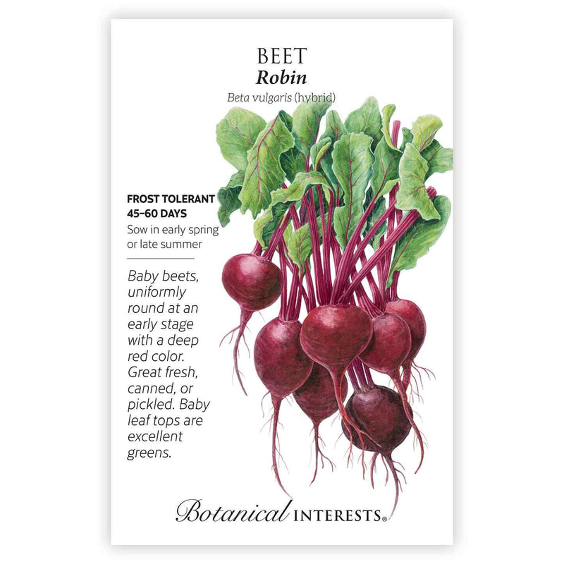 Botanical Interests seed packet for Robin Beet featuring an illustration of deep-red, round baby beets with leafy green tops and pink-veined stems, alongside text noting frost tolerance, a 45–60 day growing period, and sowing in early spring or late summer.