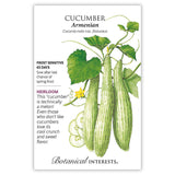Seed packet for Armenian cucumber with botanical illustration and details.