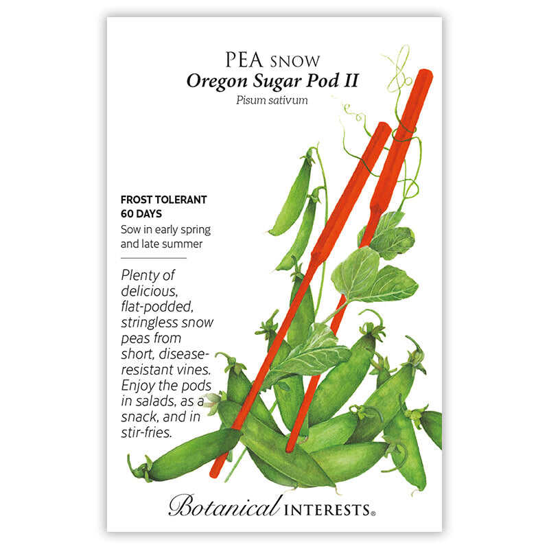 Seed packet for 'Pea Snow Oregon Sugar Pod II' with botanical information and illustrations of peas and red sticks on a white background.