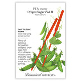 Seed packet for 'Pea Snow Oregon Sugar Pod II' with botanical information and illustrations of peas and red sticks on a white background.