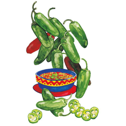 Illustration of glossy green jalapeño chile peppers, some ripening red, arranged around a blue and red patterned bowl of salsa, with sliced peppers showing their seeded interiors in the foreground.