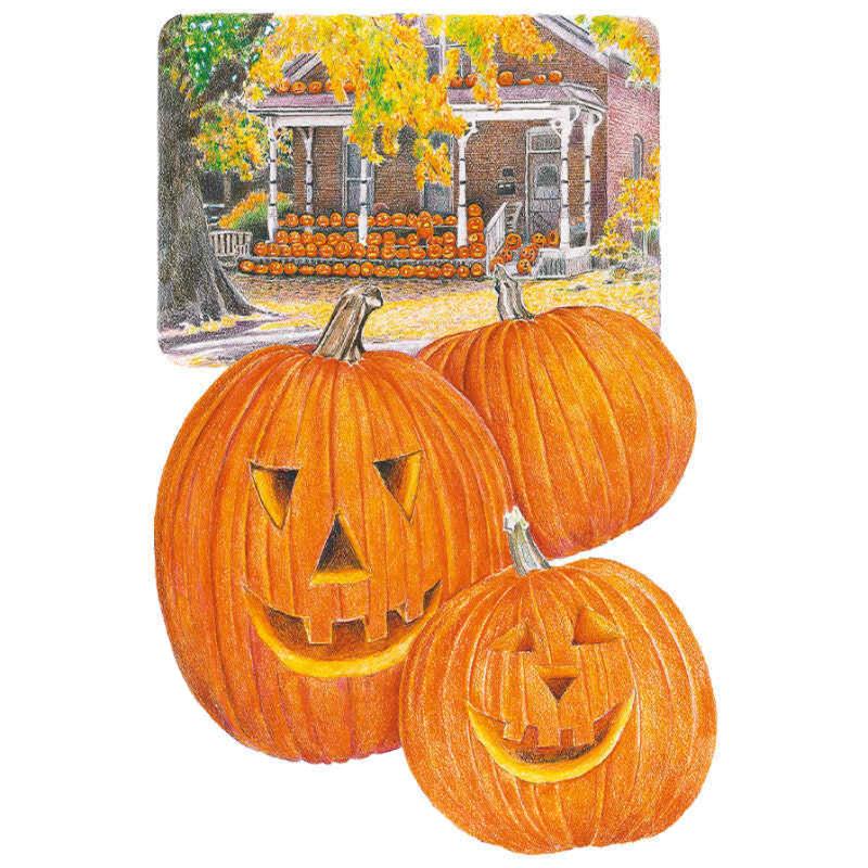 Illustration of three carved jack-o'-lantern pumpkins with triangular eyes and toothy grins, set against a small inset scene of a brick porch heaped with pumpkins beneath an autumn tree.