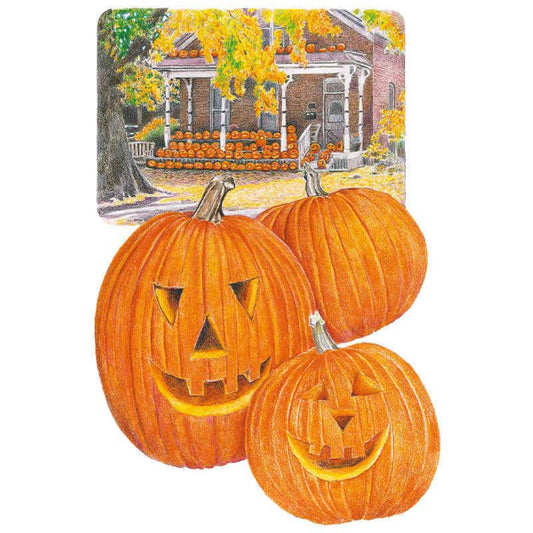 Illustration of three carved jack-o'-lantern pumpkins with triangular eyes and toothy grins, set against a small inset scene of a brick porch heaped with pumpkins beneath an autumn tree.
