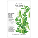 Front of a Botanical Interests seed packet for Sugar Daddy Snap Pea Seeds featuring a detailed botanical illustration of fresh green pea pods on leafy vines with small white flowers.