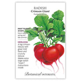Seed packet for Crimson Giant Radish featuring an illustration of large round crimson radishes with leafy green tops, plus text noting it's frost tolerant, heirloom, matures in 28 days, and sown in early spring and late summer.
