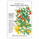 Seed packet for Pepper Chile Biquinho Red and Yellow Blend with botanical illustration and growing information.