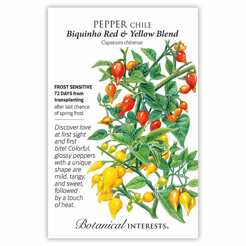 Seed packet for Pepper Chile Biquinho Red and Yellow Blend with botanical illustration and growing information.