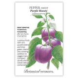 Seed packet for Purple Beauty Sweet Pepper illustrating glossy purple bell-shaped fruit and white flowers on a leafy stem, with printed text noting it's frost sensitive, matures 75 days after transplanting, and describes lime-green interior flesh and compact, container-friendly plants.