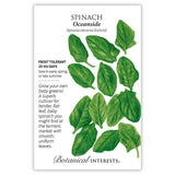 Seed packet for Spinach Oceanside with green leaves and botanical information on a white background