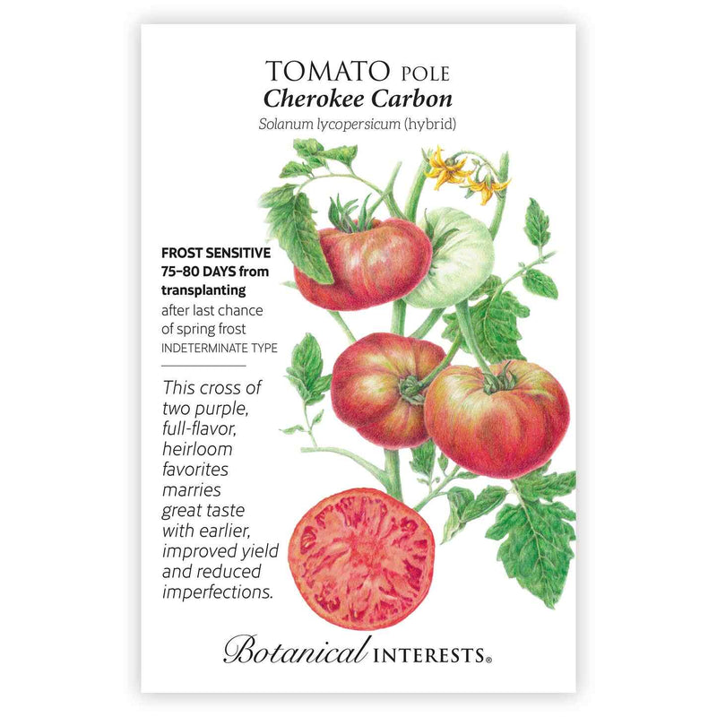 Seed packet for Cherokee Carbon Pole Tomato showing a botanical illustration of dusky pink-red fruit, unripe green tomatoes, foliage, yellow blossoms, and a sliced tomato revealing marbled red flesh, with text noting it is frost sensitive, indeterminate, and matures 75-80 days after transplanting.