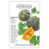 Seed packet for Kurinishiki Kabocha winter squash featuring an illustration of dark green mottled squash on the vine with a cut wedge revealing bright orange flesh and seeds, alongside text noting it is frost sensitive, matures in 95 days, and describes its sweet, nutty flavor for tempura, roasting, and mashing.
